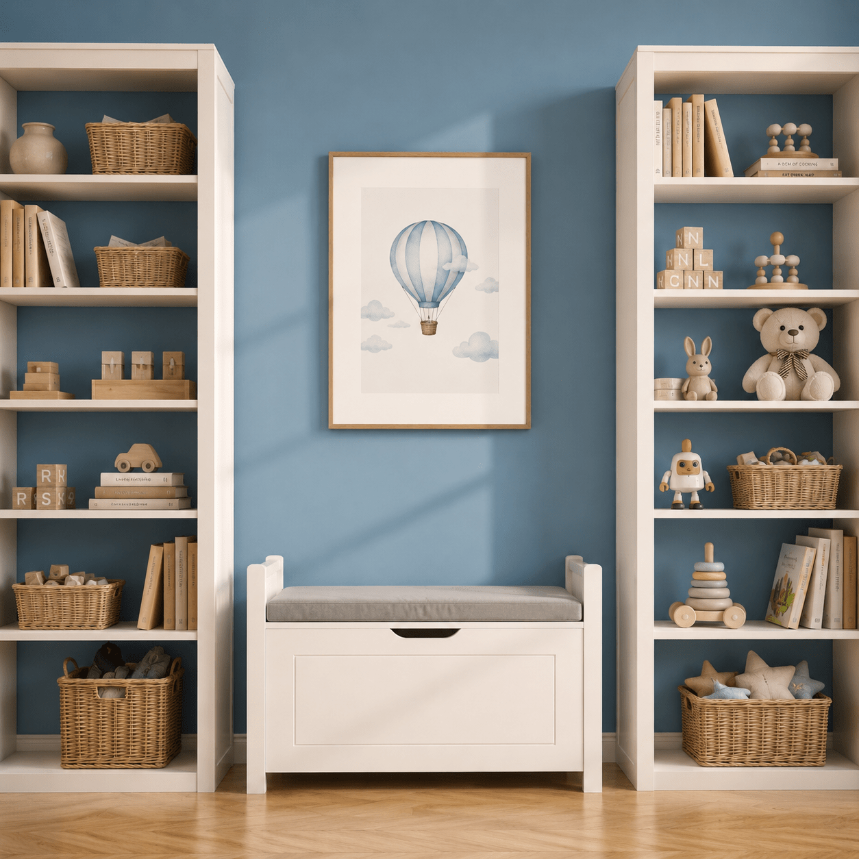 Toy Box with Cushioned Bench Seat & Safety Lid | White MDF Children's Storage Chest with Side Handles | Nursery Playroom Organizer